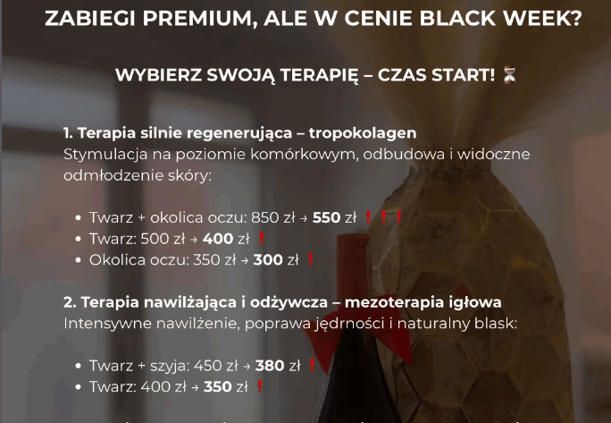 Strona reklamująca Black Week z ofertami zabiegów kosmetologicznych w firmie KLAUDIA WOLSKA Usługi specjalistyczne.