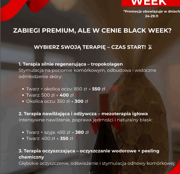 Strona reklamująca Black Week z ofertami zabiegów kosmetologicznych w firmie KLAUDIA WOLSKA Usługi specjalistyczne.