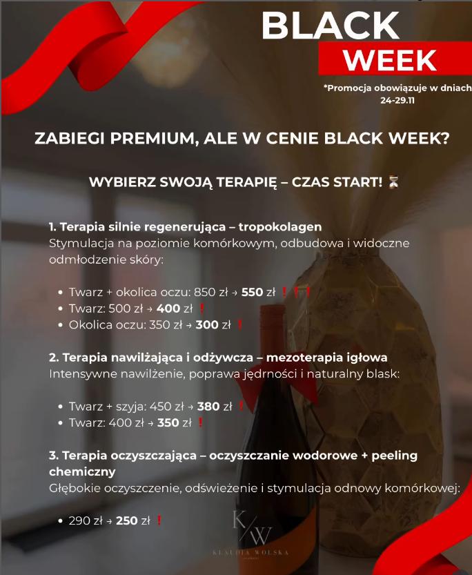 Strona reklamująca Black Week z ofertami zabiegów kosmetologicznych w firmie KLAUDIA WOLSKA Usługi specjalistyczne.