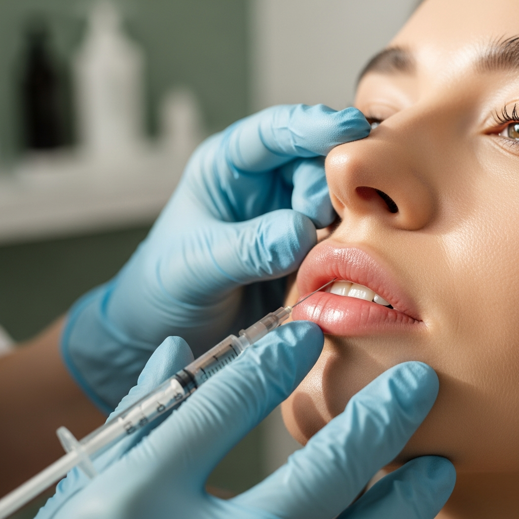 Close-up of a gloved cosmetologist injecting hyaluronic acid into a client’s lips inside the minimalist clinic interior. The fine syringe touches the lip border against a softly blurred cream and sage green background. Soft window light creates gentle diffused highlights on the skin and needle. Colors feature muted beige, white and soft pink accents. Mood is precise, gentle and professional in photorealistic editorial beauty style.
