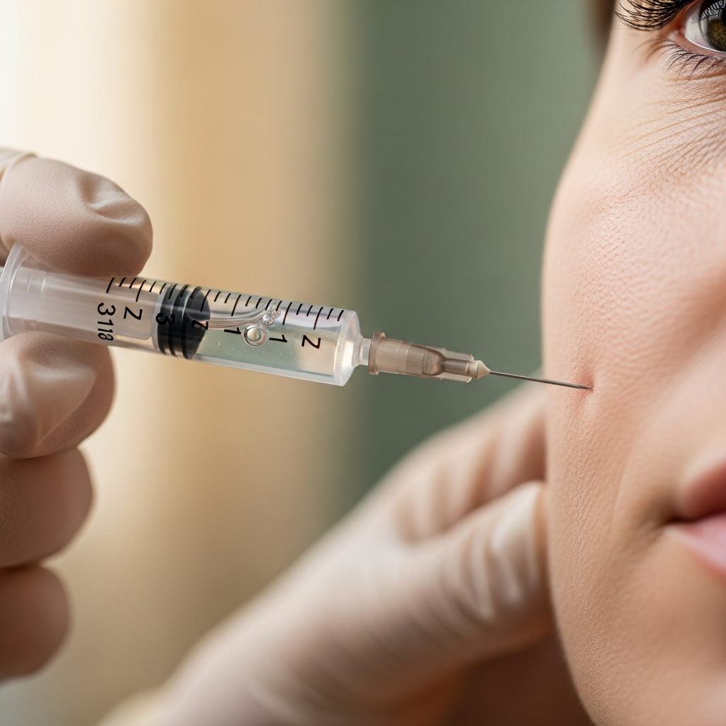 An extreme close-up captures a cosmetologist’s gloved hands injecting a precise dose of clear tissue stimulator into a woman’s cheek. Soft diffused natural light highlights the skin texture and the fine needle tip. The softly blurred backdrop shows cream and sage green tones, conveying expert care, subtle transformation, and professional trust in a photorealistic editorial beauty style.