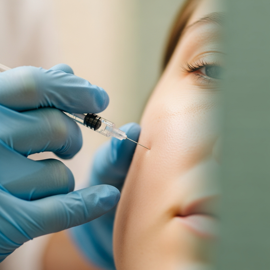 An intimate square format close-up captures a cosmetologist’s gloved hand delicately injecting a tissue stimulator into the cheek area of a client in the modern Klaudia Wolska Aesthetic Clinic. Soft natural light illuminates the fine skin texture against a blurred background of cream and sage green tones. The photorealistic editorial beauty style conveys precision, gentle care, and trust.
