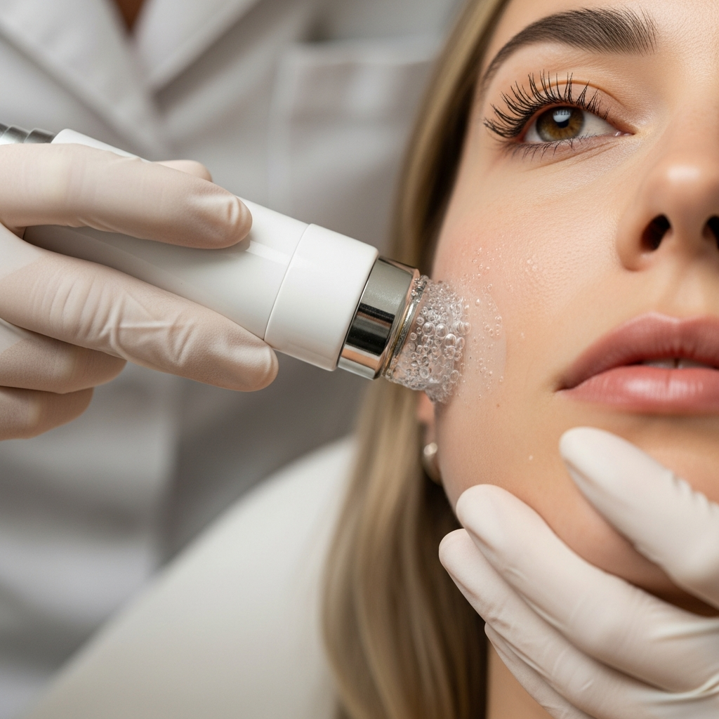 An intimate square close-up shows a cosmetologist’s gloved hands delicately using a hydrogen microbubble wand along the client’s cheek in the Klaudia Wolska clinic. Soft natural light highlights the gentle device tip and the skin’s texture with realistic clarity. Muted beige and white tones soften the background. The mood conveys precision, trust, and soothing care in an editorial beauty photography style.