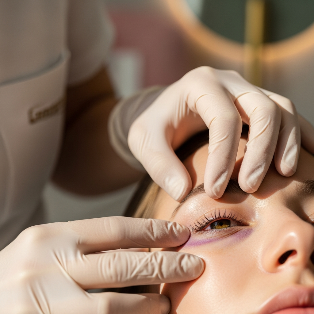 A detailed close-up of a cosmetologist’s gloved hand gently touching the under-eye area of a client during a diagnostic consultation in a modern Polish aesthetic clinic. Soft natural light from a nearby window reveals both a faint purple vascular shadow and a subtle tear trough indentation on the delicate skin. The softly blurred background shows cream and sage green tones with golden accents. The color palette features warm neutrals and muted rose. The atmosphere is calm, precise and trustworthy in a photorealistic editorial beauty style.