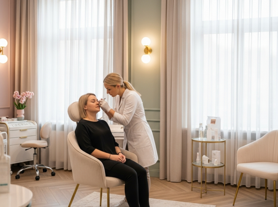 Kobieta w białym fartuchu wykonuje zabieg na siedzącej kobiecie w eleganckim, jasnym gabinecie.