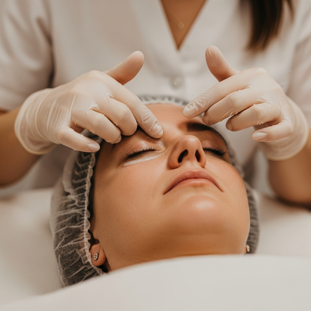 A square format close-up focuses on the under-eye area of a client at Gabinet Kosmetologii Klaudia Wolska during a revitalization treatment. A cosmetologist’s gloved fingers gently perform a manual lymphatic drainage massage along the lower eyelid. Soft diffused natural light reveals the delicate skin texture. The color palette features muted beige and gentle pink. The mood is serene, precise and caring in a photorealistic editorial beauty style.