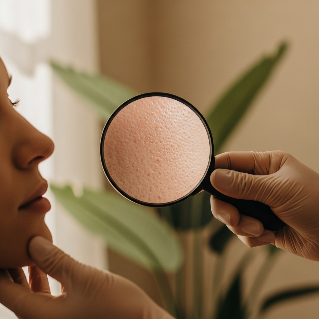 A close-up shows a cosmetologist’s gloved hand examining a client’s cheek with a handheld magnifier. The client’s blurred profile sits against cream walls and sage plants as the magnifier reveals subtle skin texture. Natural window light provides soft, even illumination. Warm beiges, muted pink and sage green tones blend in the background. The image communicates professional care and trust in an editorial beauty style.