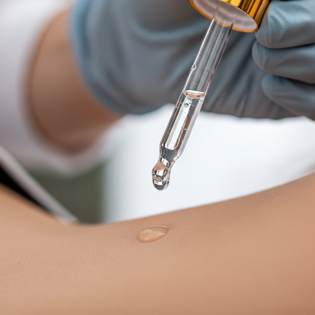 An intimate close-up of a cosmetologist’s gloved hand holding a glass dropper, applying a single drop of hyaluronic acid serum onto a woman’s cheek that shows fine dehydration lines. Soft natural light gently illuminates the skin texture and clear serum droplet against a softly blurred background of cream and sage green tones, conveying precise and nurturing barrier-repair treatment in an editorial beauty style.