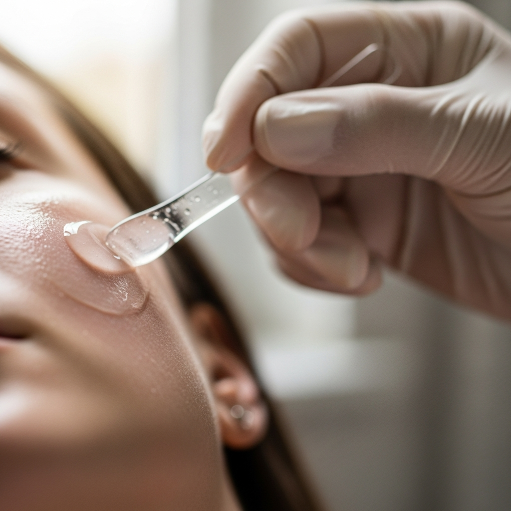A square close-up of a cosmetologist’s gloved hand applying translucent hydrating serum to a client’s cheek before a wedding event. The gentle movement of a small spatula reveals the skin’s smooth texture as the product melts in. Soft natural window light accentuates subtle dewiness and fine details. The palette is muted beige and white with delicate pink undertones. The mood is precise, caring, and photorealistic in an editorial beauty style.