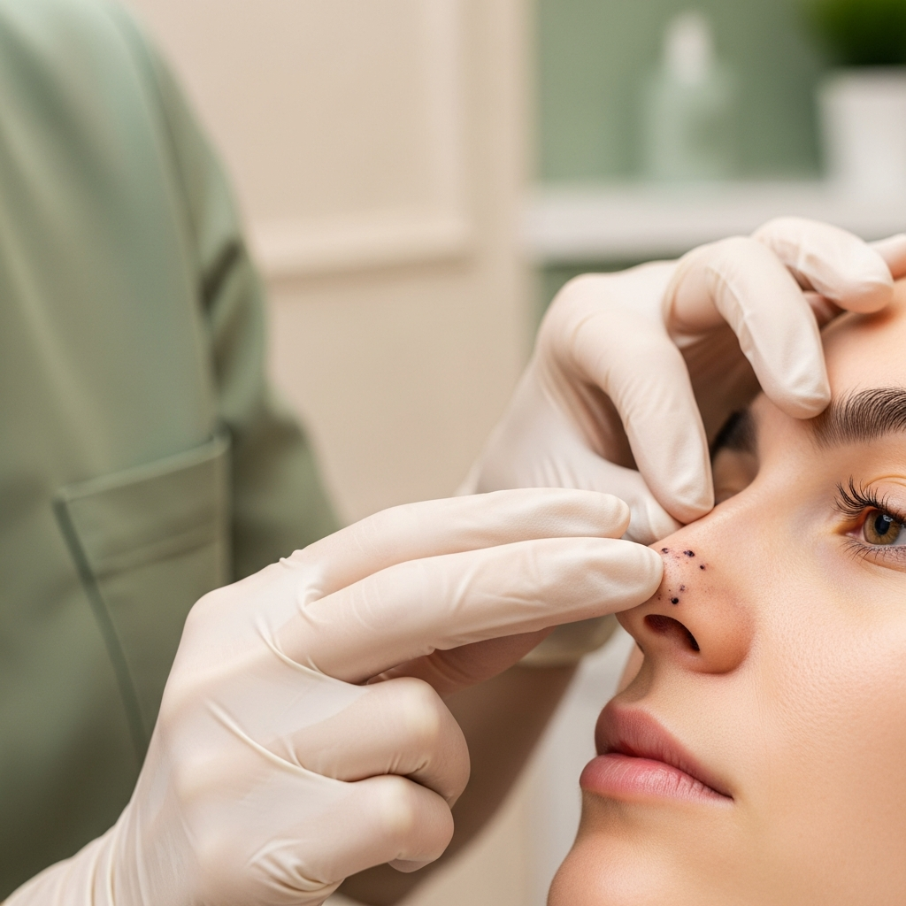 An intimate square close up shot of a cosmetologist wearing a white glove gently examining a client’s nose area with visible blackheads under soft diffused daylight in the Klaudia Wolska clinic. Cream colored walls and sage green decor blur softly in the background. The soft lighting highlights pores and skin texture in a photorealistic editorial beauty style.