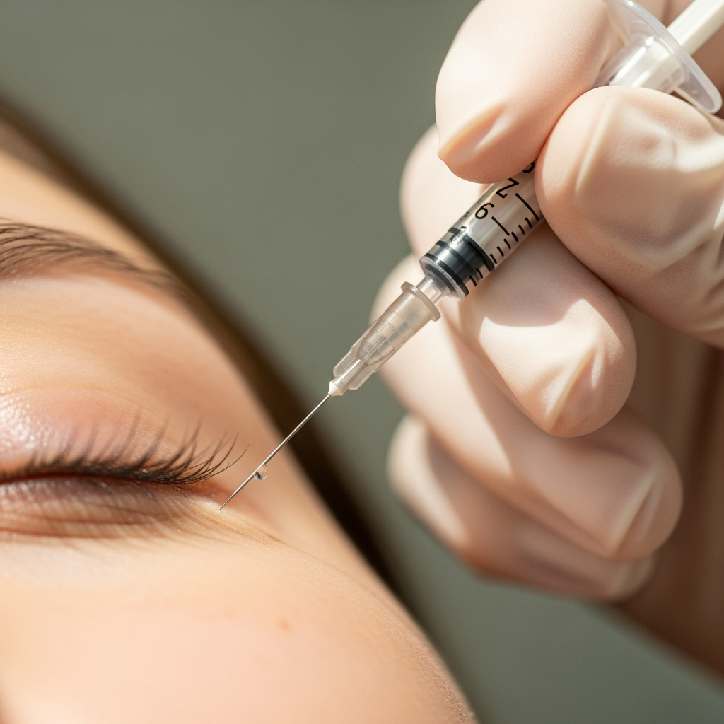 An intimate close-up focuses on the under-eye area during a PDRN polynucleotide injection. A gloved hand delicately holds a fine syringe delivering serum into the thin under-eye skin of a female client. Soft daylight softly highlights the needle tip and skin texture. Warm beige skin tones contrast with white gloves against a blurred cream and sage background. The shot conveys precision, expert care and an editorial beauty aesthetic.