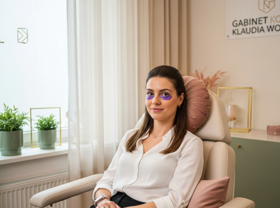 Kobieta siedzi w nowoczesnym gabinecie z roślinami i znakiem "Gabinet" na ścianie.