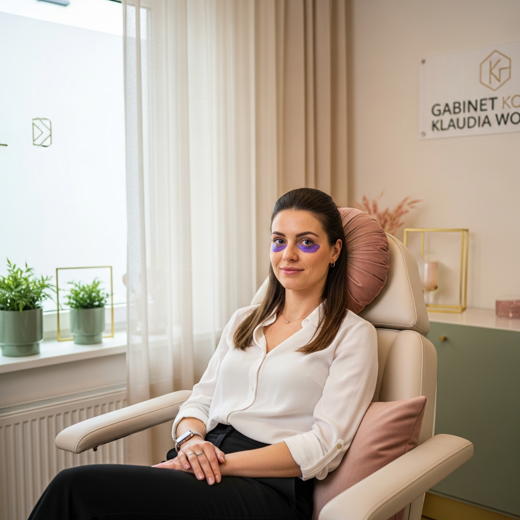 Kobieta siedzi w nowoczesnym gabinecie z roślinami i znakiem "Gabinet" na ścianie.