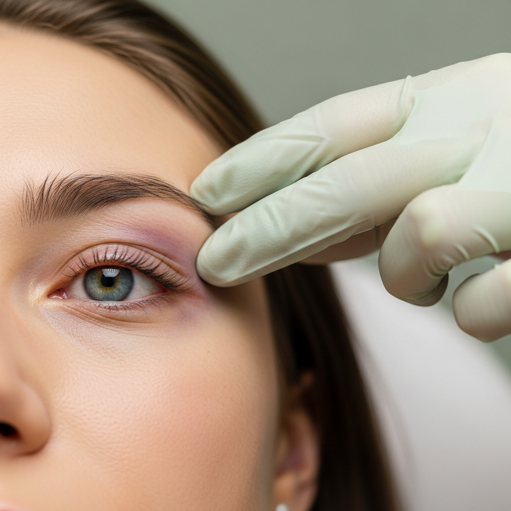 An intimate close-up of a woman’s under-eye area showing distinct blue-violet dark circles during a cosmetic assessment at Gabinet Kosmetologii Klaudia Wolska. A cosmetologist’s hand wearing a white glove gently lifts the delicate skin to evaluate the depression, under soothing natural daylight that highlights skin texture. The background is softly blurred in cream and muted sage green tones.