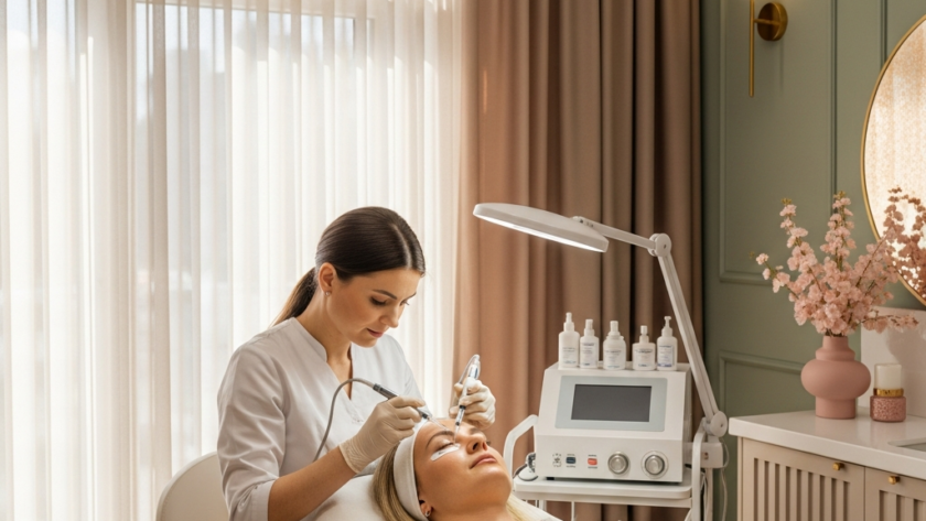 A wide shot depicts an eye area stimulation treatment in the modern Kosmetologii Klaudia Wolska clinic in Bydgoszcz. A female client reclines on a cream-colored chair while a cosmetologist in a white coat injects a gentle stimulator under her eyes. Soft daylight filters through sheer curtains. Interior palette of warm beiges, sage green, soft pink and gold accents. The mood is professional, calm and inviting.