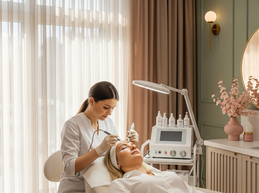 A wide shot depicts an eye area stimulation treatment in the modern Kosmetologii Klaudia Wolska clinic in Bydgoszcz. A female client reclines on a cream-colored chair while a cosmetologist in a white coat injects a gentle stimulator under her eyes. Soft daylight filters through sheer curtains. Interior palette of warm beiges, sage green, soft pink and gold accents. The mood is professional, calm and inviting.