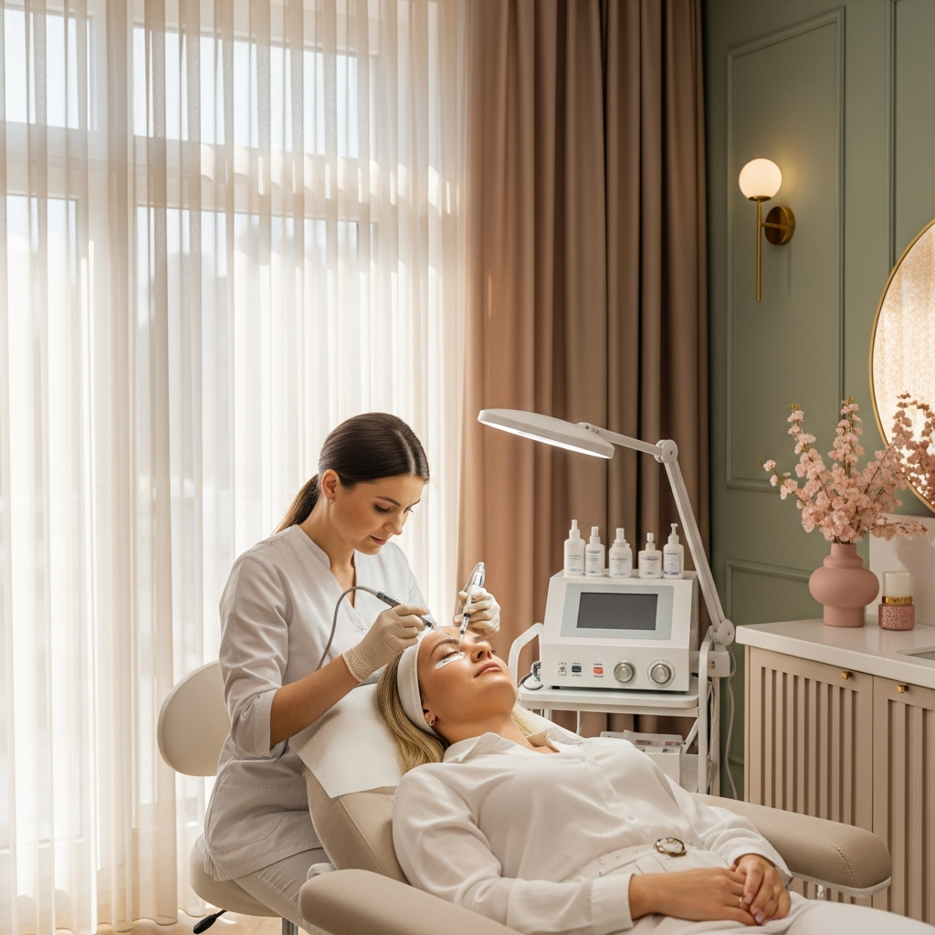 A wide shot depicts an eye area stimulation treatment in the modern Kosmetologii Klaudia Wolska clinic in Bydgoszcz. A female client reclines on a cream-colored chair while a cosmetologist in a white coat injects a gentle stimulator under her eyes. Soft daylight filters through sheer curtains. Interior palette of warm beiges, sage green, soft pink and gold accents. The mood is professional, calm and inviting.