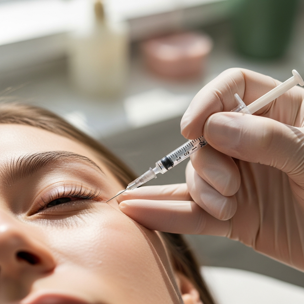 A square close-up captures a gloved hand of the cosmetologist injecting a fine needle into the under-eye tear trough of a female client. The syringe tip is precisely placed on prepped, smooth skin against a softly blurred treatment room. Soft natural light from a nearby window reveals natural skin texture. The palette centers on creams, soft pinks and sage green. The image exudes meticulous care and a serene editorial beauty aesthetic.