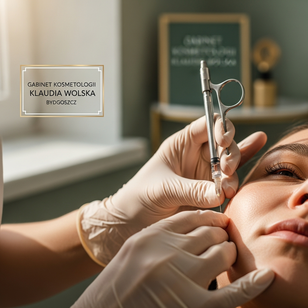 An intimate close-up of a cosmetologist's gloved hands delivering a tissue stimulator injection into the patient's cheek at Gabinet Kosmetologii Klaudia Wolska in Bydgoszcz. A fine needle is gently inserted near the cheekbone with visible precision. Soft natural light from a nearby window illuminates the skin texture realistically. The color scheme shows muted beige and sage green tones with gold accents. The atmosphere conveys expertise, care and subtle luxury in a photorealistic editorial beauty style.