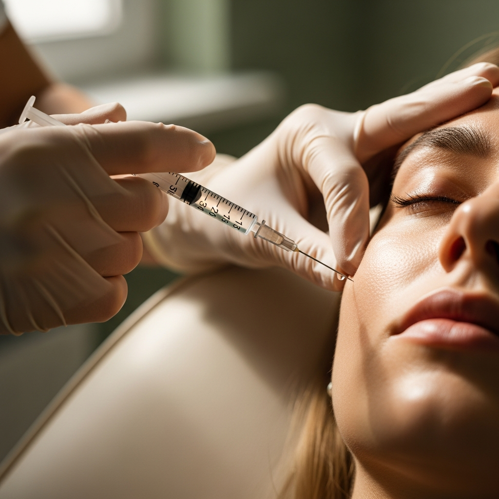 An intimate close-up of a cosmetologist gloved hand injecting a tissue stimulator into the midface of a female client on a cream colored treatment chair. Soft natural window light illuminates the precise needle and skin texture. The background softly blurs into muted beige and sage green tones. The atmosphere conveys expert care, gentle technique and trust.