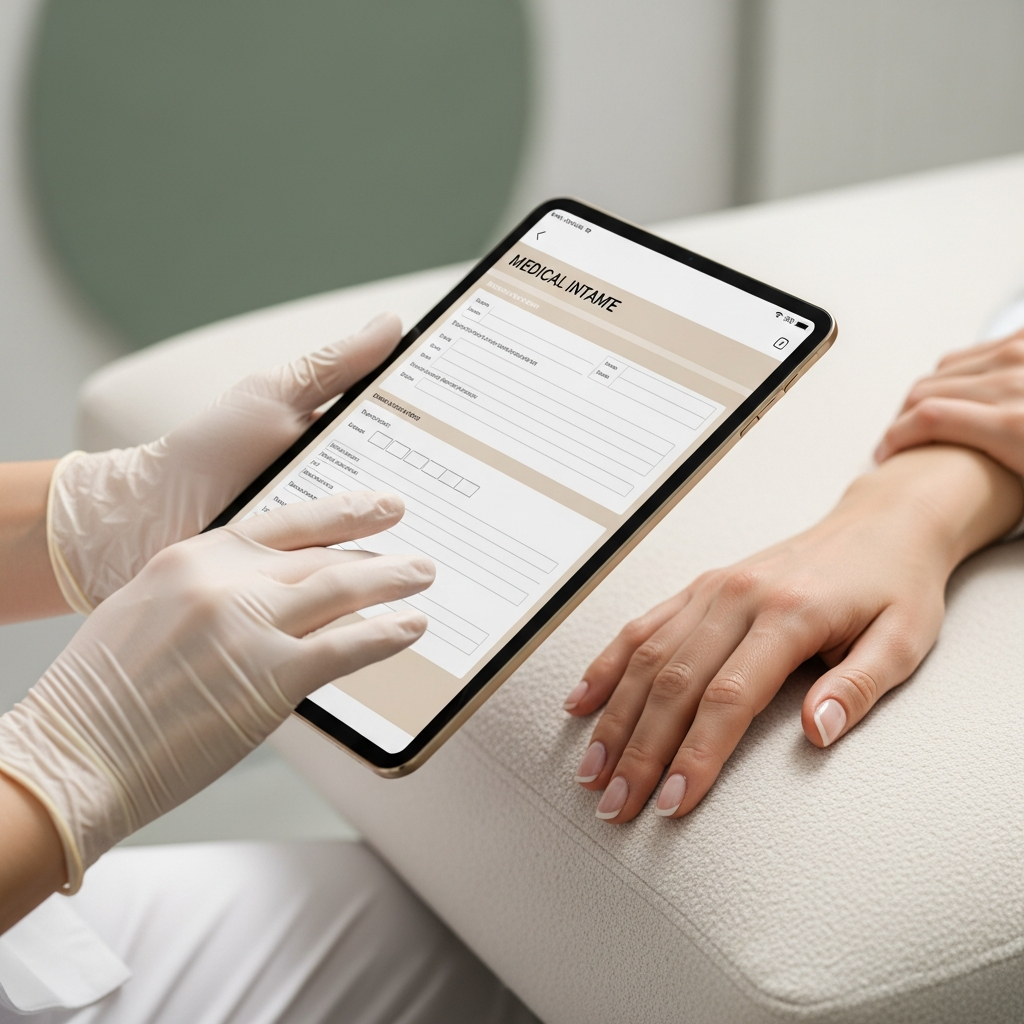 An intimate close-up of a cosmetologist’s gloved hands holding a sleek tablet displaying a medical intake form next to the client’s hand resting on a cream cushion. Soft natural light illuminates the metallic gold frame of the tablet and the textured beige interface. Background is softly blurred with sage green and white tones. The image conveys meticulous care and professional precision in photorealistic editorial beauty style.
