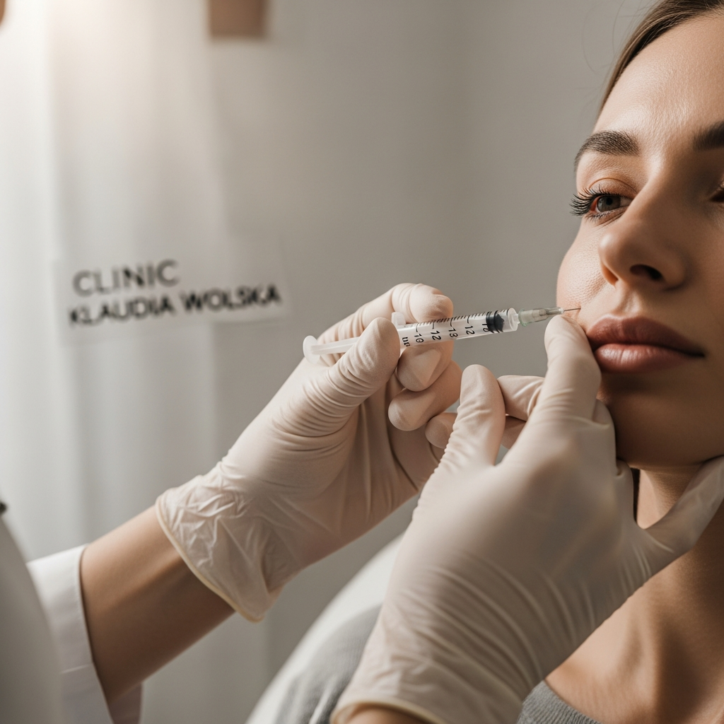 A square close-up captures the cosmetologist’s gloved hands injecting a precise dose of tissue stimulator into the cheek of a female client during a consultation at Klaudia Wolska clinic. Soft diffused natural light highlights the syringe and skin texture against a softly blurred background in muted beige and white tones. Photorealistic editorial beauty style conveys expertise and gentle care.