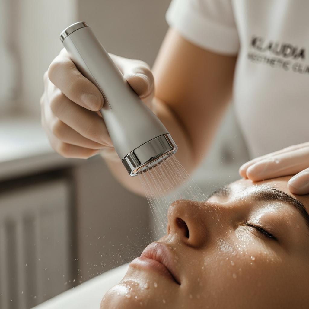 An intimate close-up of a cosmetologist in gloves guiding a sleek hydrogen cleansing wand across the T-zone of a client in the minimalist cabin of Klaudia Wolska Aesthetic Clinic. The focus is on gentle water microstream exfoliation sweeping away impurities from the nose and cheeks. Soft diffused natural light highlights the dewy skin texture. The color palette is muted beige and white. The mood is professional, soothing, and editorially refined.