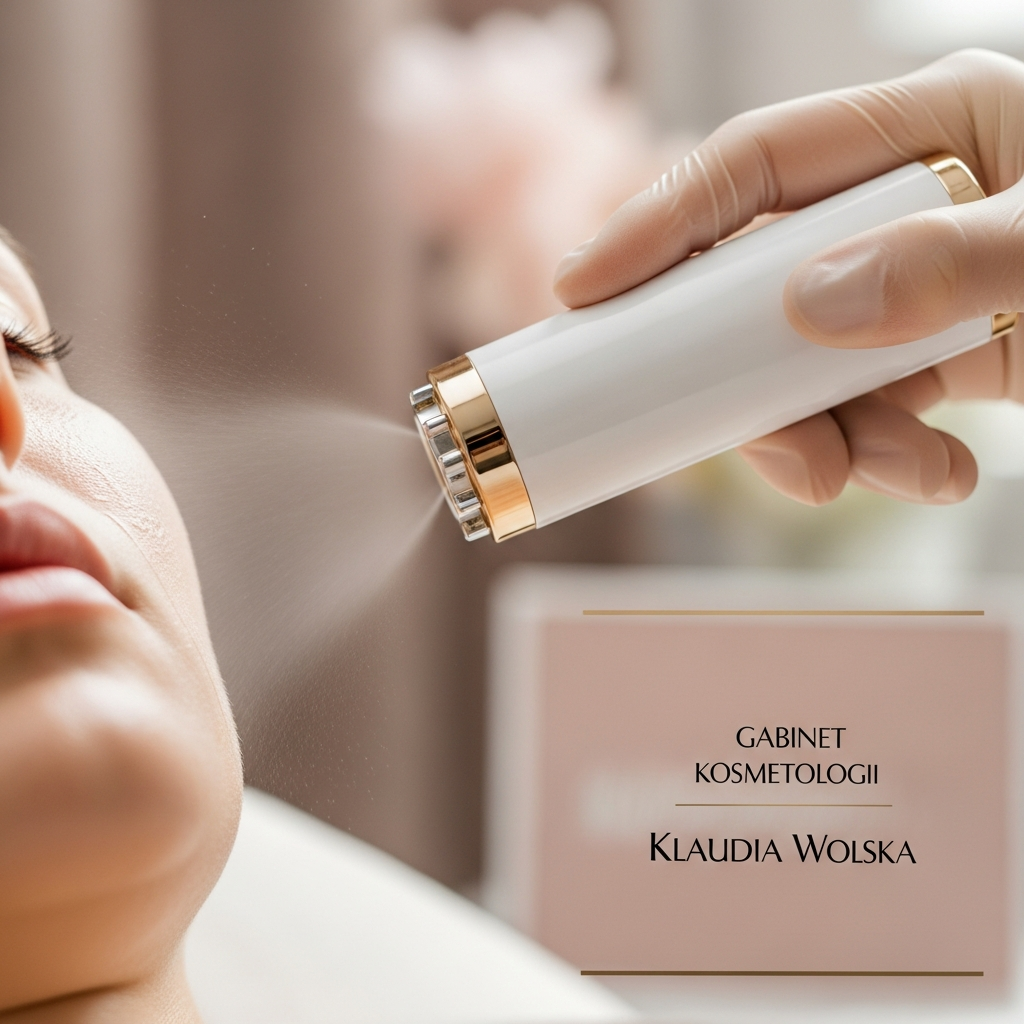 An intimate close-up of a hydrogen facial cleansing wand gently gliding over a smooth cheek at Gabinet Kosmetologii Klaudia Wolska. A cosmetologist’s gloved hand holds the sleek white and gold device as a fine hydrating mist contacts the skin. Soft diffused daylight highlights delicate texture against muted beige and blush tones. The mood is precise and soothing with an editorial beauty feel.