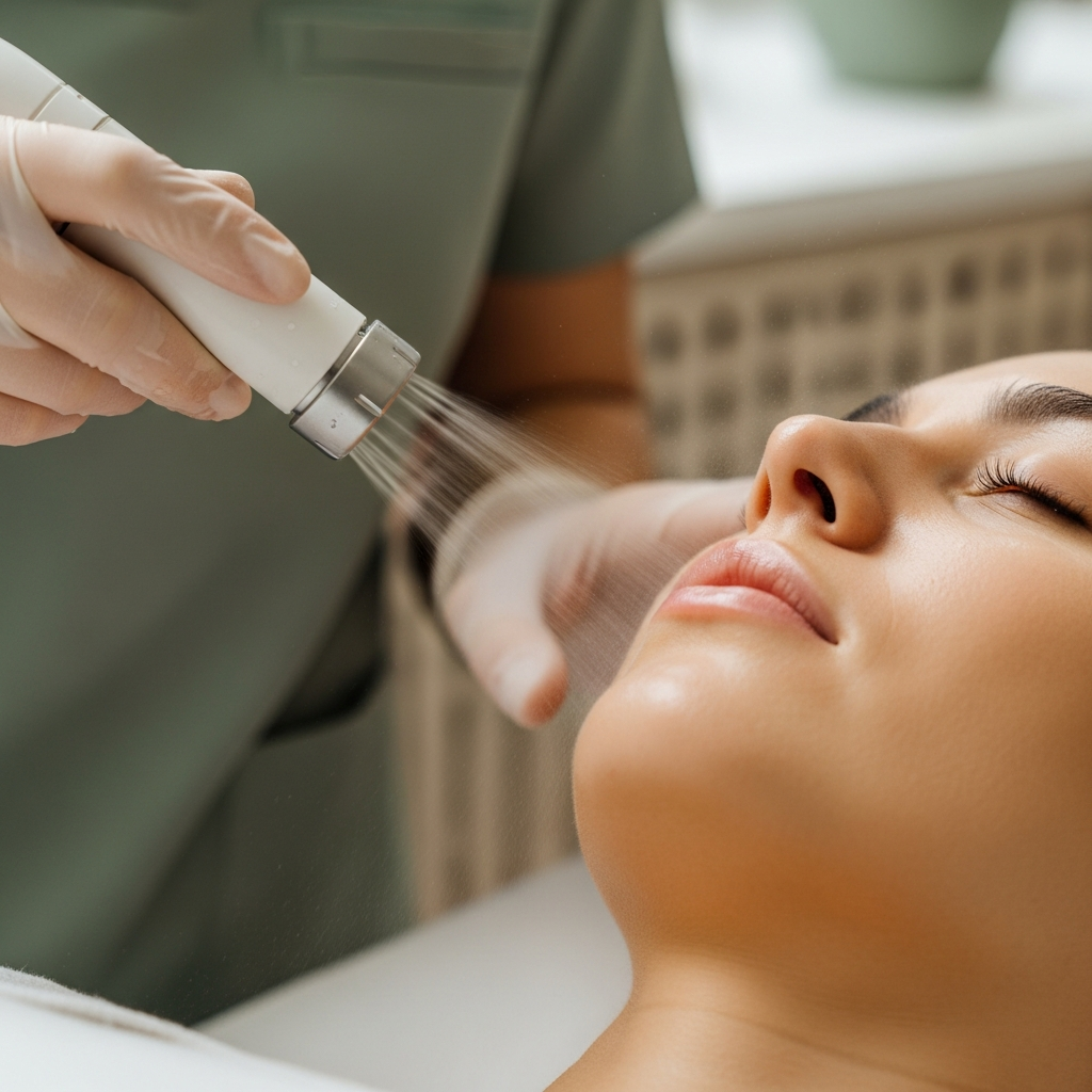 An intimate close up square shot of a gloved hand of the cosmetologist applying the hydrodermabrasion wand to the smooth cheek of a client in the minimalist modern clinic. Soft diffuse daylight highlights the gentle water mist and clean skin texture. The blurred background reveals hints of muted beige and sage green tones. The photorealistic editorial beauty style emphasizes precision, comfort, and trust.
