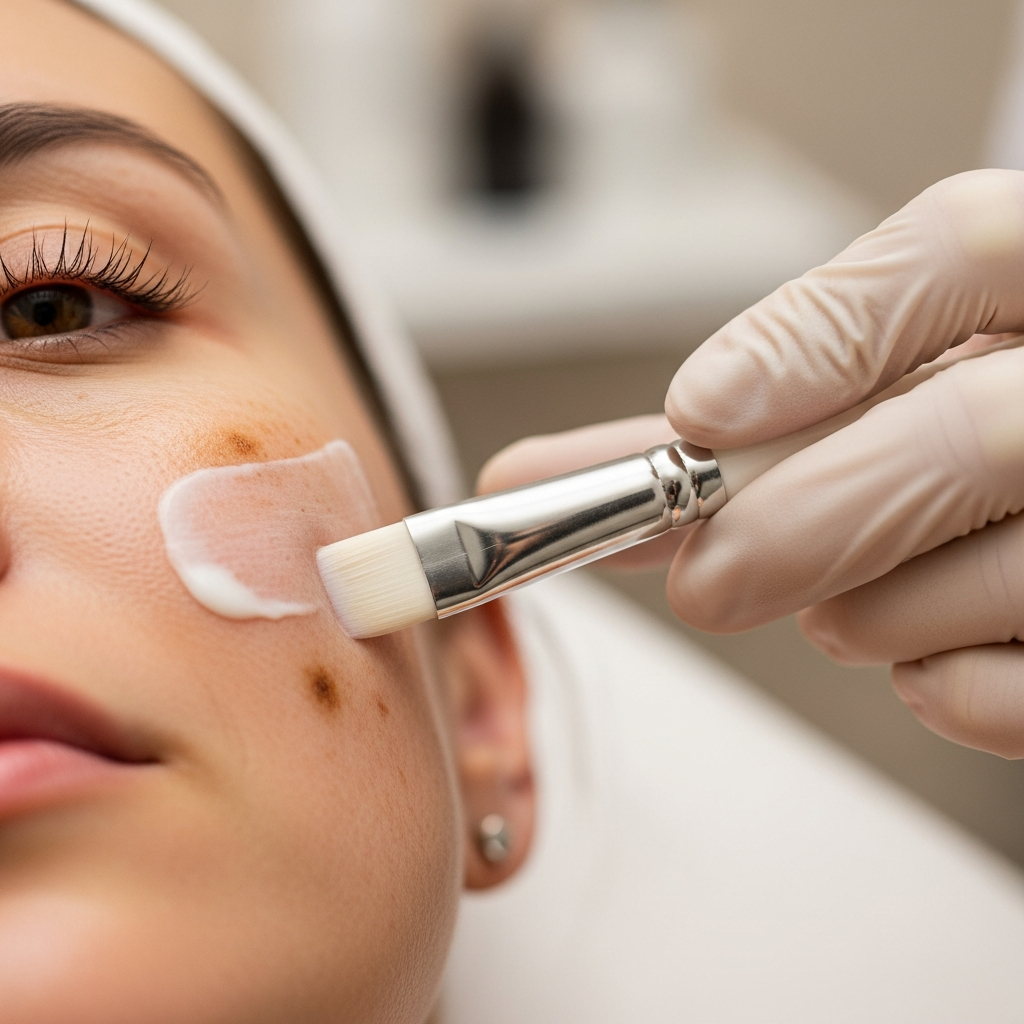 A close-up shot of a cosmetologist gloved hand carefully brushing a lactic acid peel onto a woman’s cheek showing visible brown pigmentation spots. The focus is on the precise application brush tip skin texture and gentle layering of the peel in the minimalist treatment room backdrop softly blurred. Soft diffused natural light illuminates the skin revealing realistic pigmentation contrast. The palette features warm beige and white tones with subtle rose undertones on the skin. The mood conveys careful expertise and trust in an editorial beauty style.