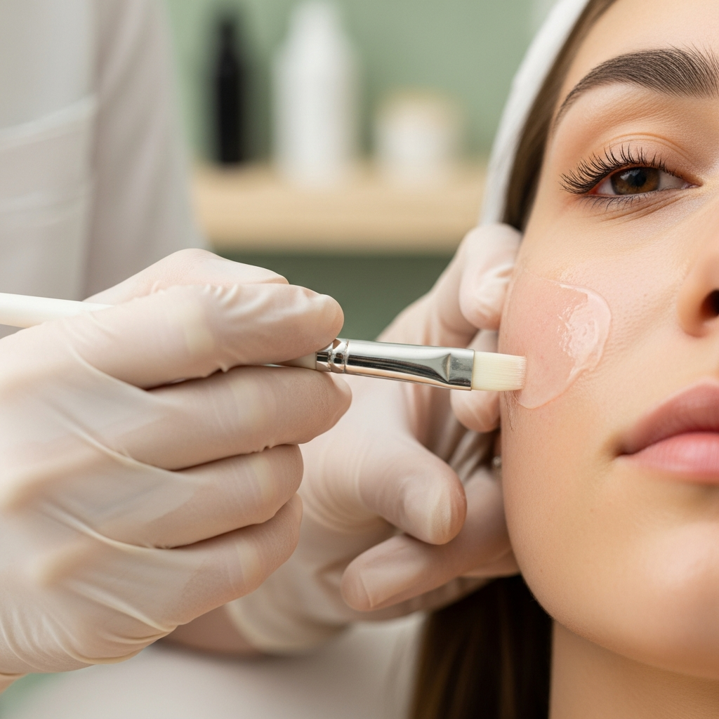 An intimate square-format close-up of a cosmetologist's gloved hands applying a lactobionic acid peel solution to a client's cheek with a fine brush in a softly lit corner of a beauty clinic. The skin shows subtle texture and slight erythema revealing gentle exfoliation. The background is blurred in cream and sage green tones. Soft natural light creates a photorealistic, editorial skin-care moment.