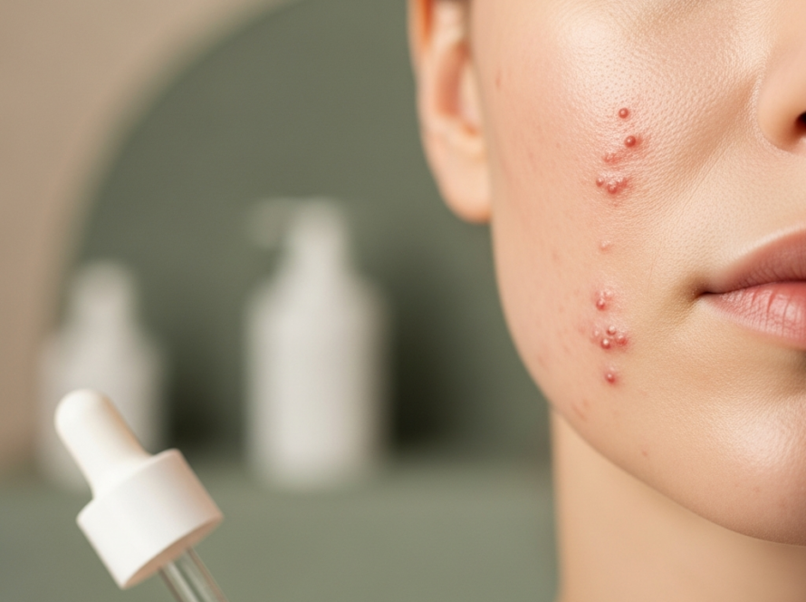 Twarz osoby z niedoskonałościami skórnymi, trzymającej pipetę z serum. W tle rozmyte butelki.