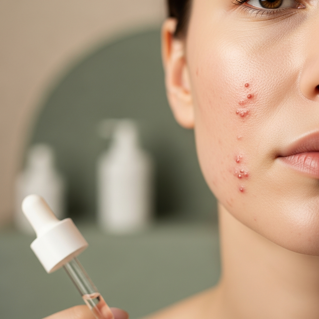 Twarz osoby z niedoskonałościami skórnymi, trzymającej pipetę z serum. W tle rozmyte butelki.
