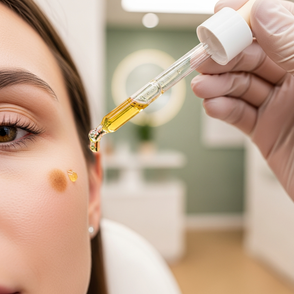A close-up of a gloved hand holding a glass dropper releasing a golden vitamin C serum droplet onto a woman's cheek showing a brown pigmentation spot. The softly blurred background features the modern Klaudia Wolska clinic with cream walls and sage green accents. Natural diffused daylight highlights the texture. Muted beige, white, and soft pink tones prevail. The image conveys precise, caring professional attention in an editorial beauty style.
