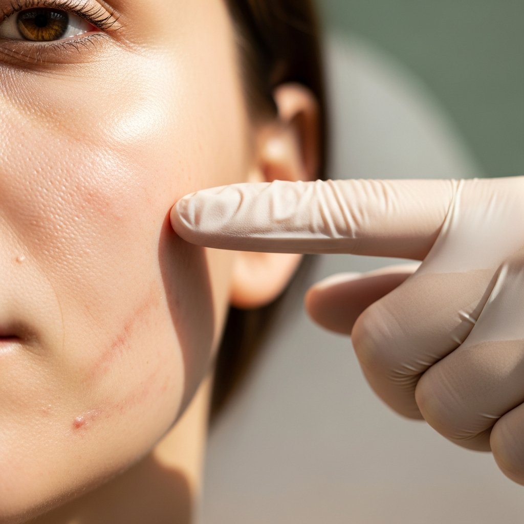 An intimate close-up of a woman’s cheek showing rolling and boxcar acne scars in a beauty clinic. A cosmetologist’s gloved hand gently touches the textured skin to assess the scar relief. Soft natural light highlights the depth and texture with subtle shadows. The background softly blurs into cream and sage green tones. The mood conveys professional care and trust in a photorealistic editorial beauty style.