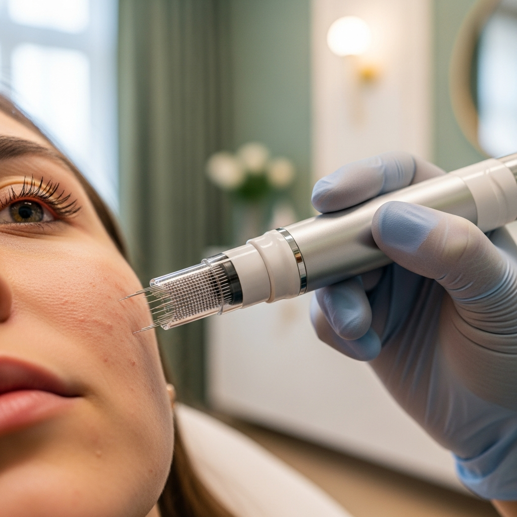 A close-up shot of a microneedling device gliding over visible acne scars on the cheek of a female client. A cosmetologist’s gloved hand holds a precision microneedling pen inside the modern Gabinet Kosmetologii Klaudia Wolska. Soft diffused natural light highlights the skin texture and needle tips. The background blur reveals cream and sage green tones with subtle gold details. The photorealistic editorial beauty image conveys expertise, patience, and gentle care.