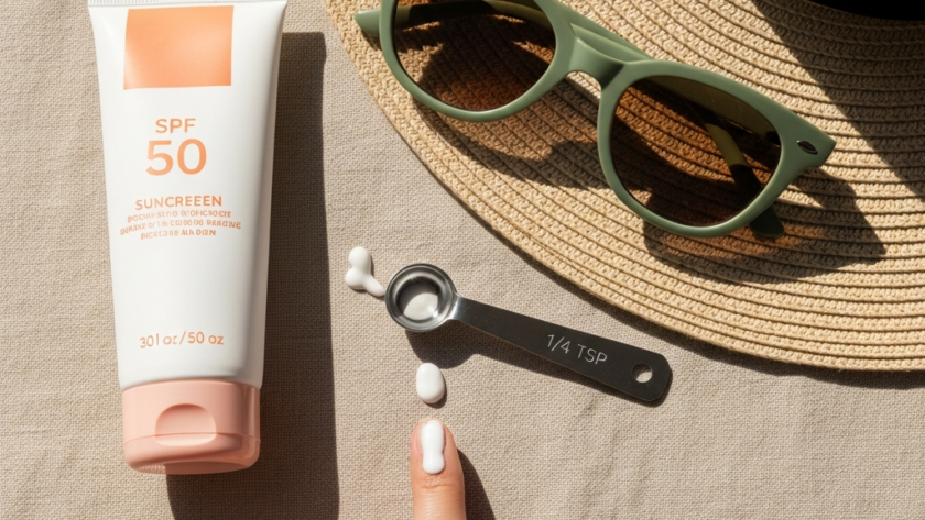 Krem SPF 50, zielone okulary przeciwsłoneczne, słomkowy kapelusz i miarka z tabletkami na lnianym tle.