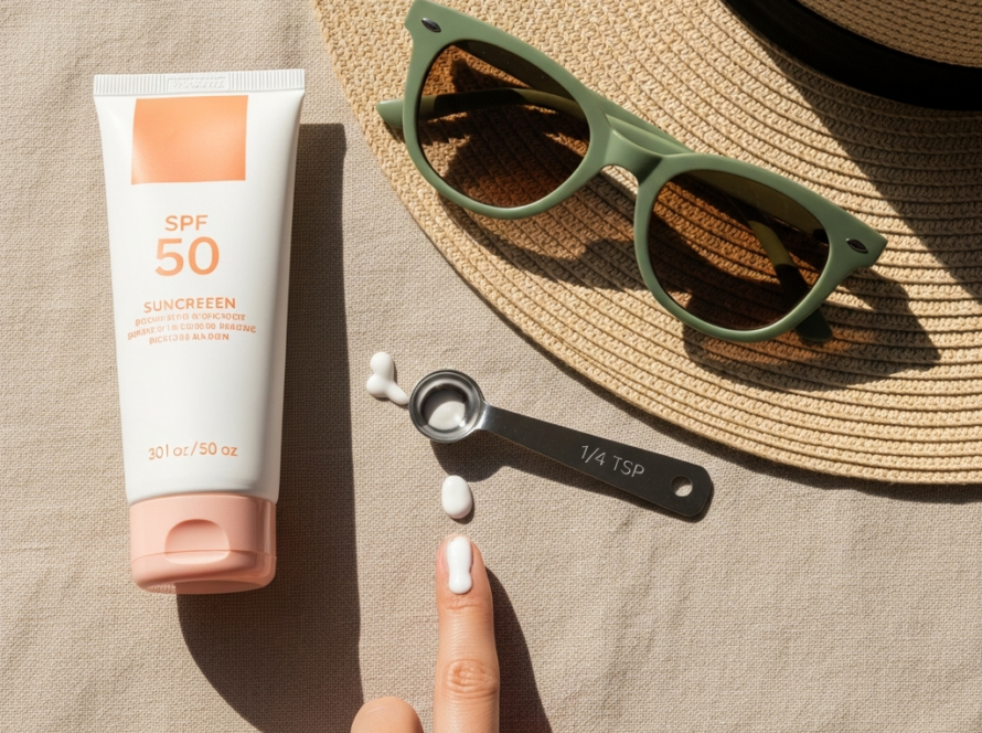 Krem SPF 50, zielone okulary przeciwsłoneczne, słomkowy kapelusz i miarka z tabletkami na lnianym tle.