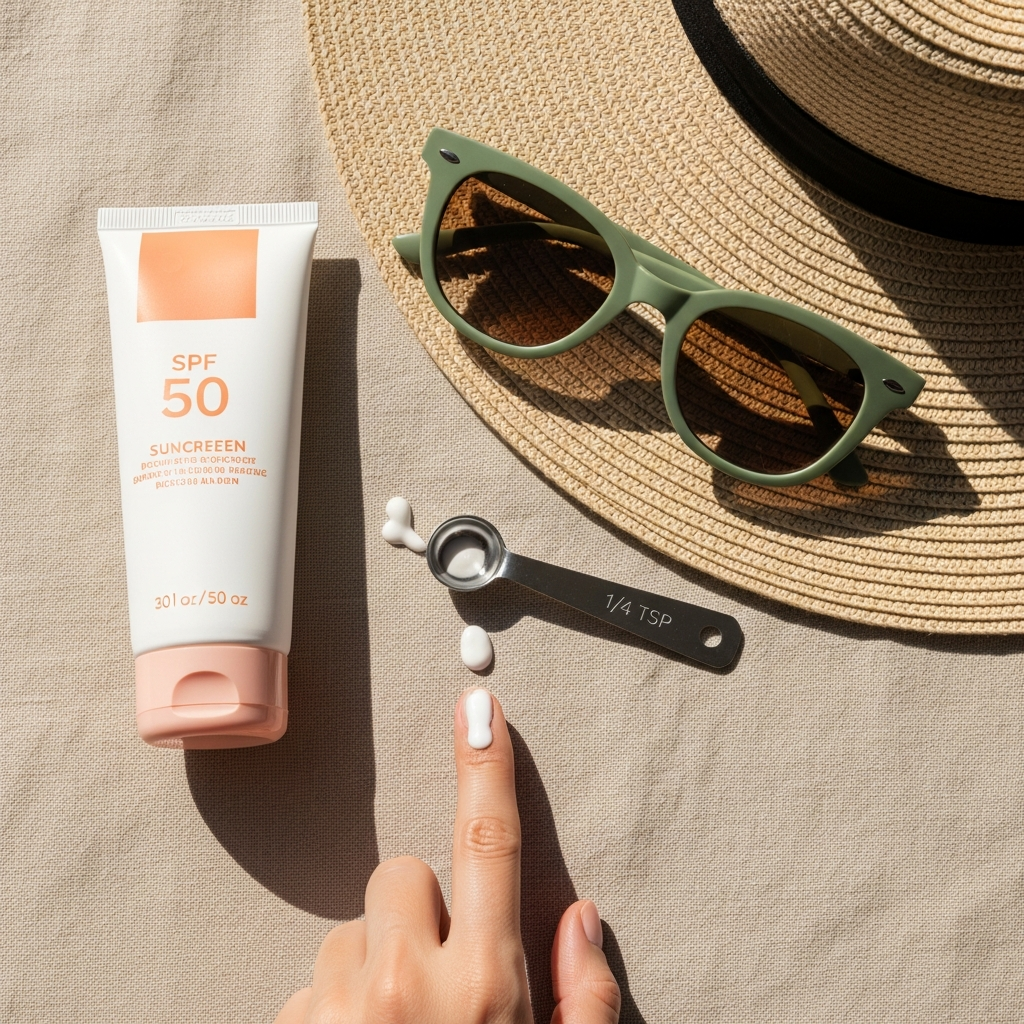 Krem SPF 50, zielone okulary przeciwsłoneczne, słomkowy kapelusz i miarka z tabletkami na lnianym tle.