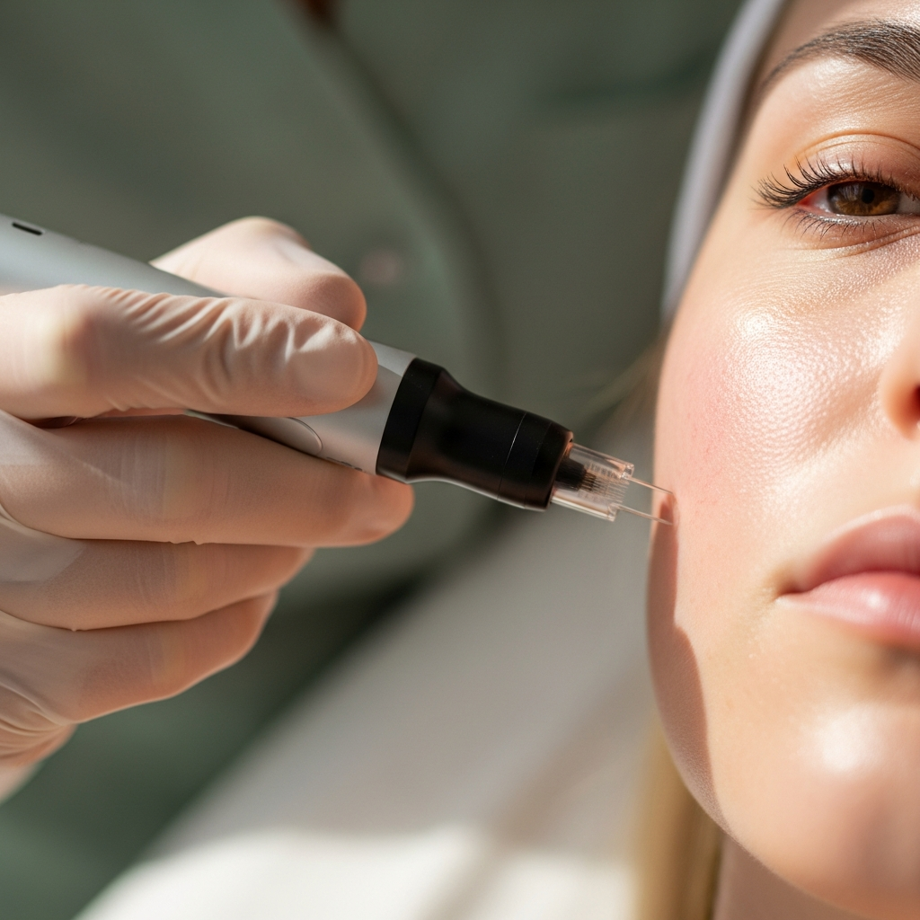 A tight square close-up of a cosmetologist’s gloved hand using a microneedling pen on a client cheek immediately after treatment. Delicate redness and microchannels are visible on the skin. Soft diffused natural light emphasizes realistic skin texture and gentle care. The background blur reveals cream and sage tones. The image conveys precision, trust, and the controlled healing process.
