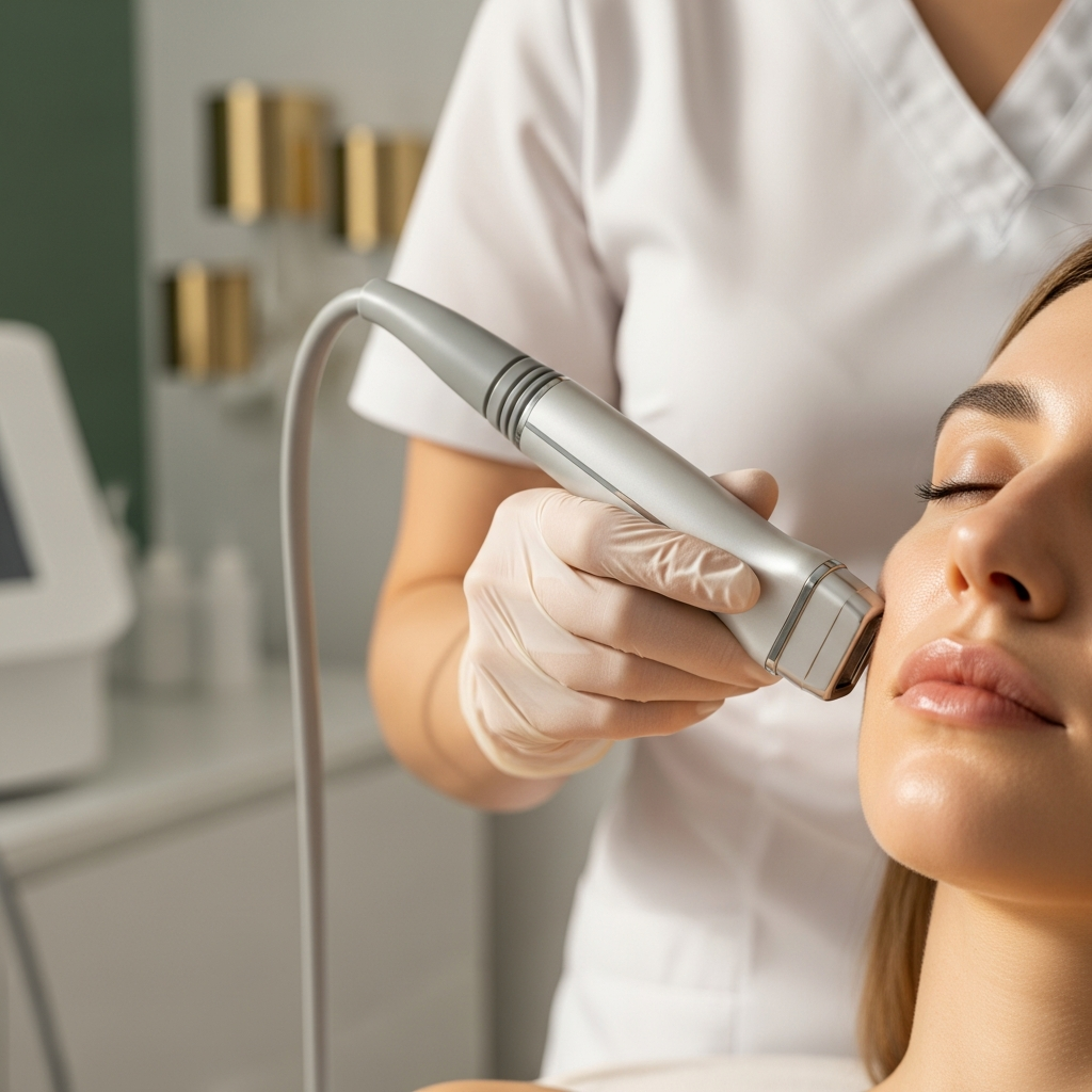 A close-up shows a cosmetologist applying an RF probe to a client’s cheek. A gloved hand holds the sleek device against the skin in the minimalist Klaudia Wolska clinic in Bydgoszcz. Soft natural light diffuses across the scene, accentuating gentle skin texture. The palette uses muted beige, white, sage green, and subtle gold details. The mood is precise, professional, and soothing with a photorealistic editorial beauty style.