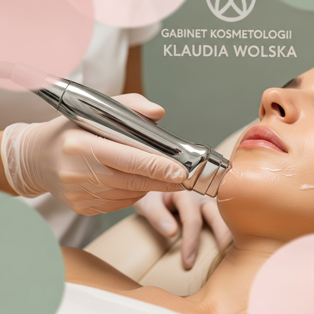 A detailed close-up of a cosmetologist’s gloved hand holding a polished RF applicator against a client’s jawline. The device makes gentle contact with smooth skin over a cream-colored treatment chair in Gabinet Kosmetologii Klaudia Wolska. Soft natural light highlights the subtle texture of the skin and the metallic surface of the device. Dominant tones of warm beige and white with soft pink and sage green bokeh accents. The photograph conveys precision, warmth and editorial beauty realism.