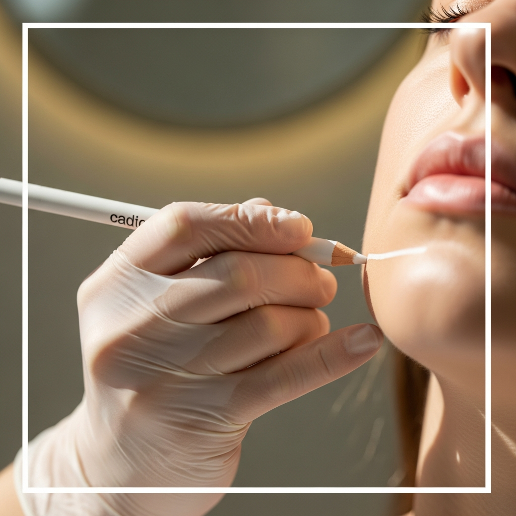 An intimate square close-up of a cosmetologist's gloved hand marking the client's lower jawline with a white cosmetic pencil to indicate an area of caution. Soft natural window light gently highlights the skin texture and treatment area. The softly blurred background shows muted beige and sage green tones with subtle gold accents. The image conveys expert precision and attentive care in photorealistic editorial style.