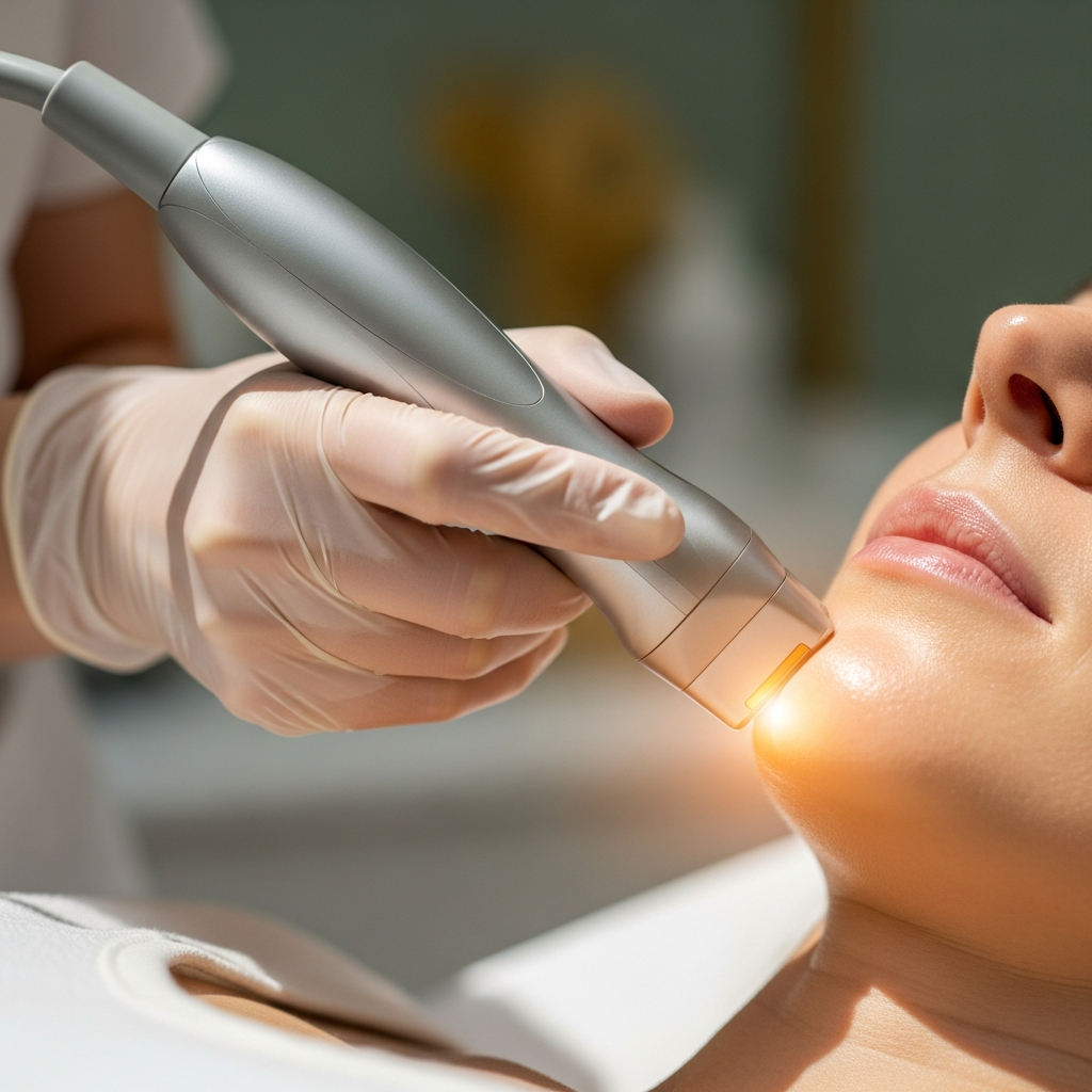 An intimate close-up shot shows a cosmetologist’s gloved hand guiding a sleek RF applicator along the client’s jawline during a radiofrequency facial and neck treatment. Soft natural light reveals realistic skin texture and a gentle warming glow. The softly blurred background features cream, sage green and gold tones. The image conveys precise expertise and soothing care in a photorealistic editorial beauty style.