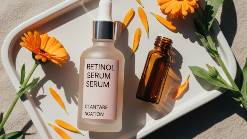 Butelka serum retinolowego z żółtymi kwiatami na tacy na beżowym tle.