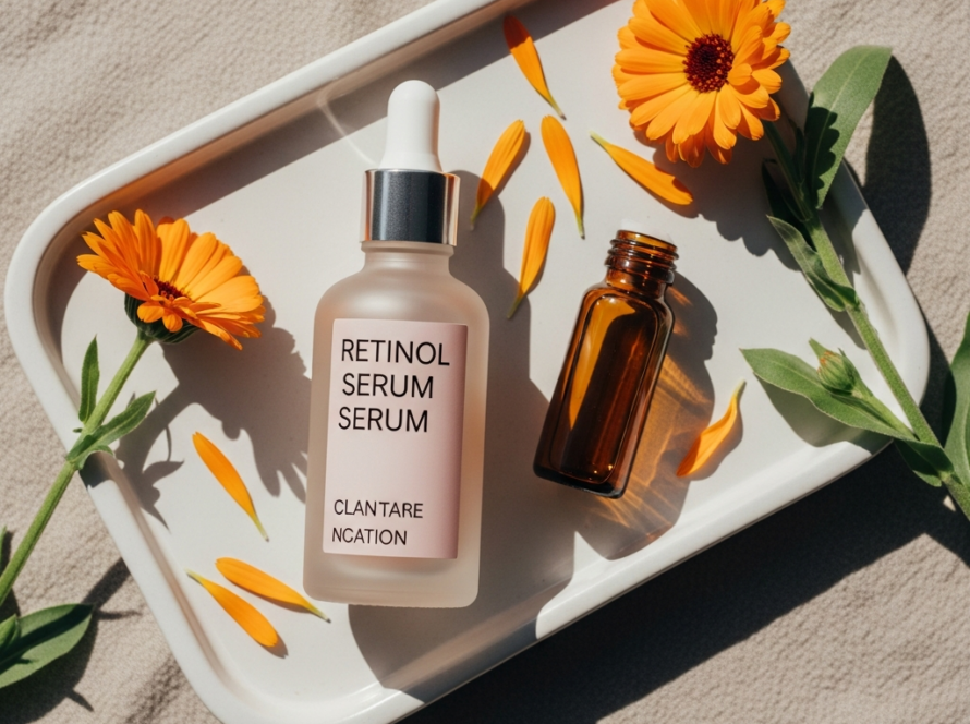 Butelka serum retinolowego z żółtymi kwiatami na tacy na beżowym tle.