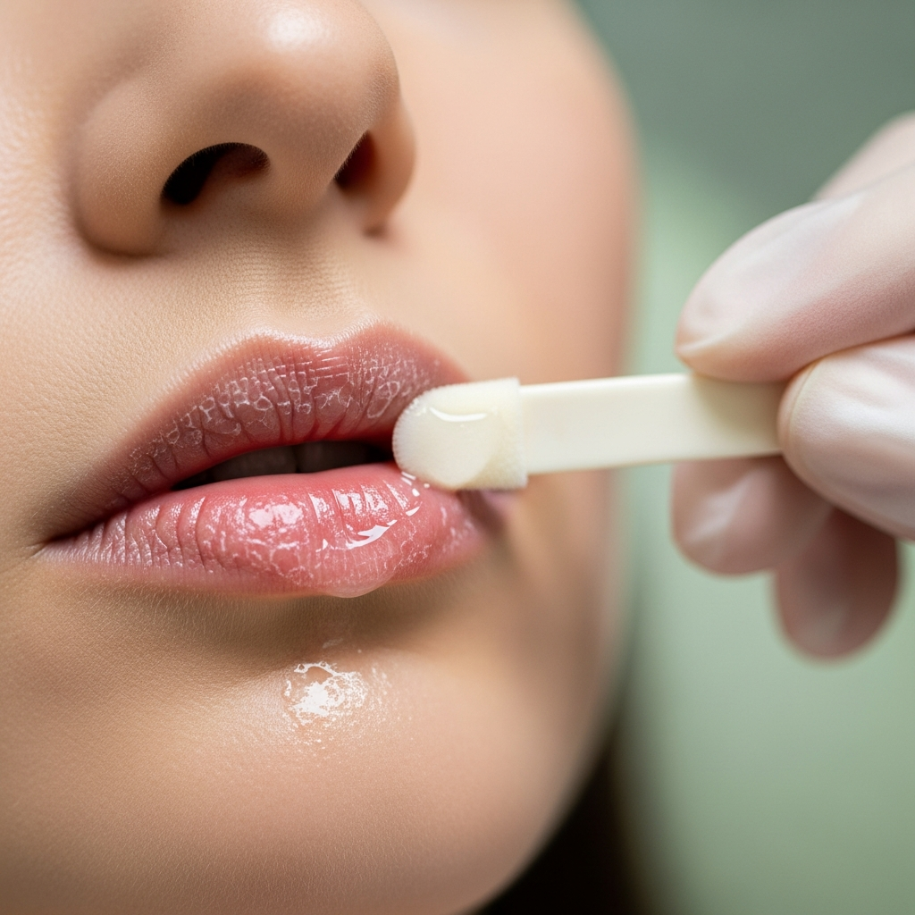 An intimate close-up of a woman’s lips in the treatment chair at the elegant Kosmetologia Klaudia Wolska clinic in Bydgoszcz, revealing peeling skin and microfissures on the lip surface as a cosmetologist’s gloved hand applies a soothing barrier emollient with a soft applicator. Soft diffused natural light creates gentle highlights across cream, white, and muted rose tones with a hint of sage green. The image conveys precise care and nurturing in a photorealistic editorial beauty style.