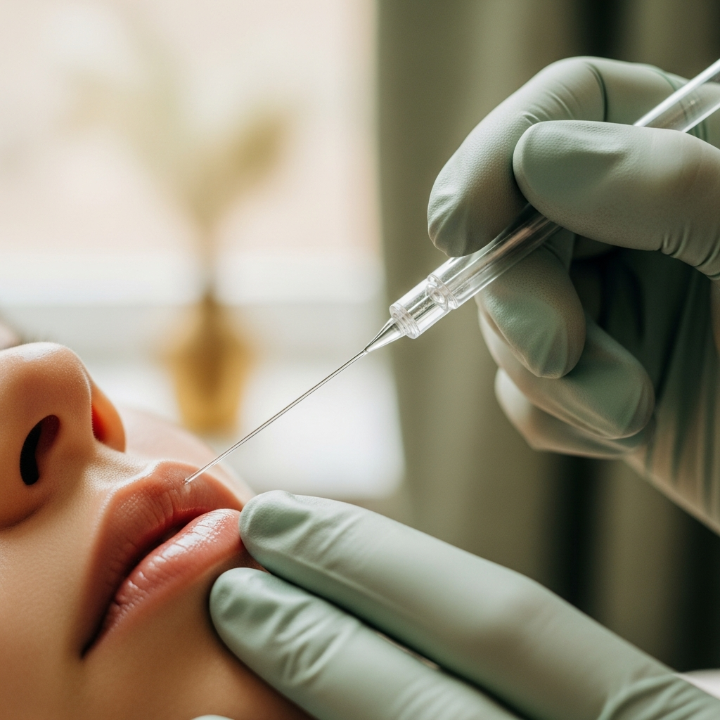 A detailed square close-up shows a cosmetologist’s gloved hand inserting a fine microcannula to deliver a hydrating solution into the client’s lip border. Subtle moisture on the lips reveals natural skin texture under soft diffused daylight from a nearby window. The background is softly blurred in warm beige and sage green hues with hints of gold. The intimate professional mood evokes a refined editorial beauty style with photorealistic detail and gentle care.