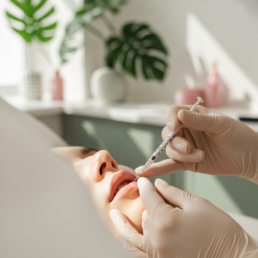 An intimate close-up shows gloved hands of a cosmetologist holding a fine syringe at the border of a natural lip for subtle filler application. The scene unfolds on a cream table in a minimalist Bydgoszcz clinic with blurred sage green foliage and soft pink décor behind. Soft window light highlights the lip texture against a backdrop of beige, white, pale pink and sage green. The mood is calm, professional and reassuring. Photorealistic editorial beauty photography style emphasizes precision and gentle care.