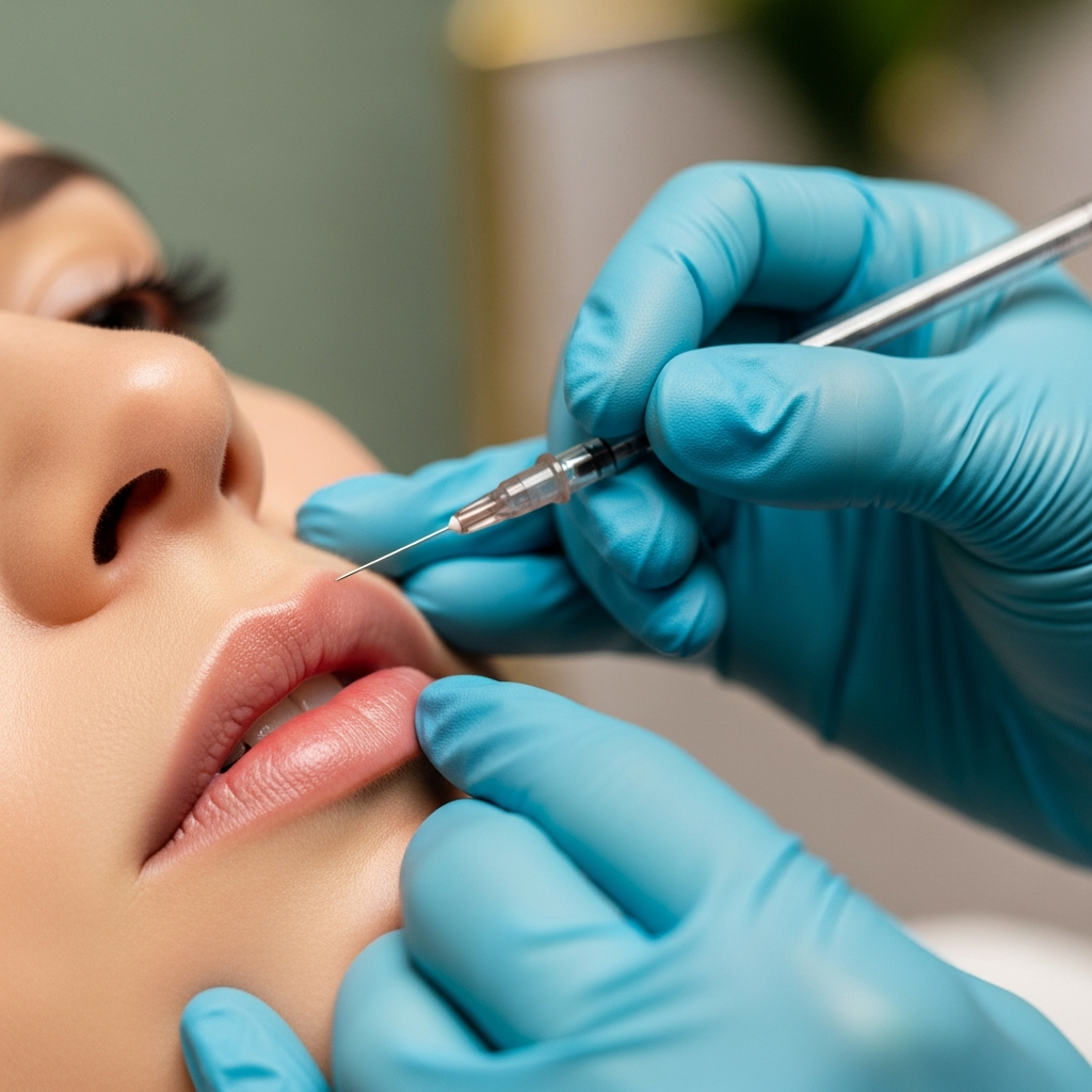 An intimate square close-up focuses on a cosmetologist’s gloved hands precisely injecting hyaluronic acid filler into the border of a woman’s upper lip to correct asymmetry. The shot captures the delicate interaction between needle and skin in the modern Gabinet Kosmetologii Klaudia Wolska setting. Diffused natural light softly illuminates the lip texture and filler application. The background is gently blurred in cream and sage green tones with gold accents. The photograph conveys expert care, precision, and trust in a photorealistic editorial beauty style.